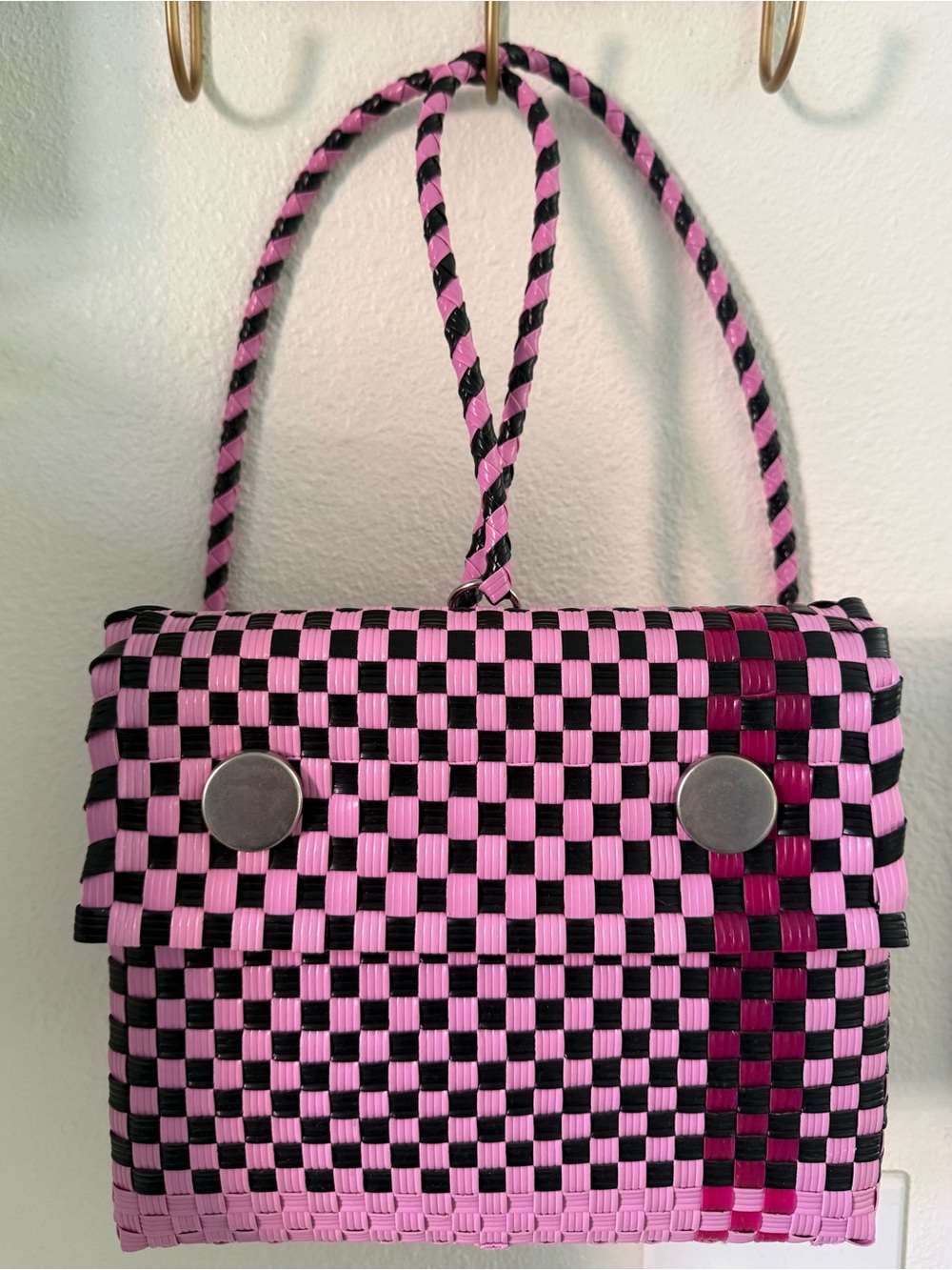 Hand Woven Checker Pink and Black backpack bag